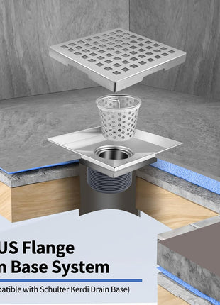 Square Shower Drain, 304 Stainless Steel 4 Inch Shower Floor Bathroom Shower Drain with CUPC Certified, Brushed Nickel 4'' Square Floor Drain, for Bathroom Toilet Washroom Drain Water