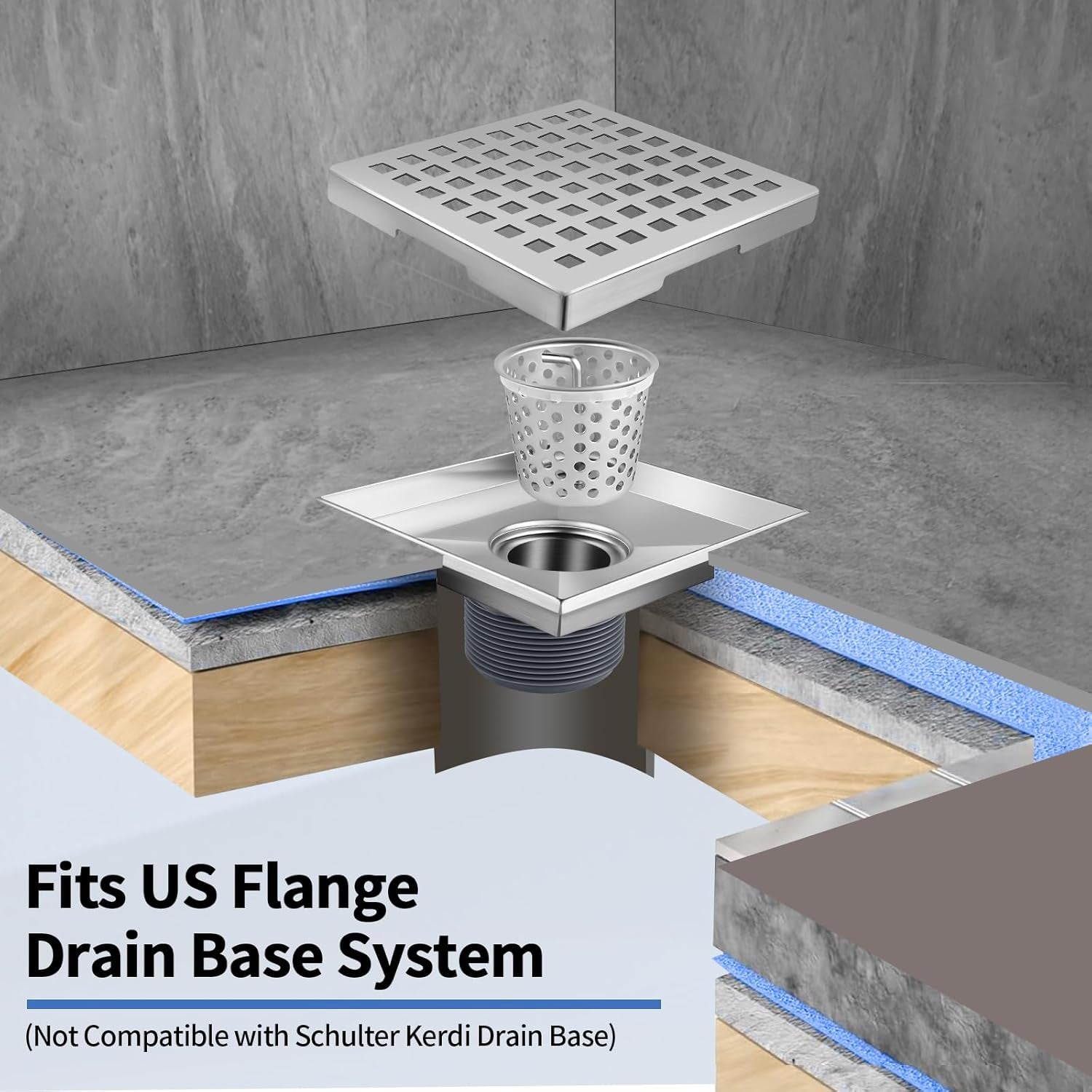 Square Shower Drain, 304 Stainless Steel 4 Inch Shower Floor Bathroom Shower Drain with CUPC Certified, Brushed Nickel 4&