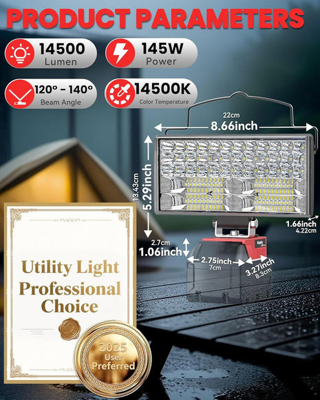 LED Work Light Compatible with Milwaukee 18V Battery, 7'' 145W Cordless Work Lights 14500 Lumens of Brightness Battery Light with Low Voltage Protection & Type-C & USB-A Charger Port