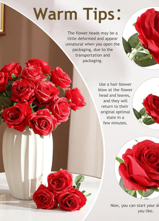 40PCS Red Roses Artificial Flowers - Long Stem Fake Roses Bouquet Silk Red Flowers Artificial Rose for Wedding Centerpiece Home Decor & Valentines Floral Arrangement