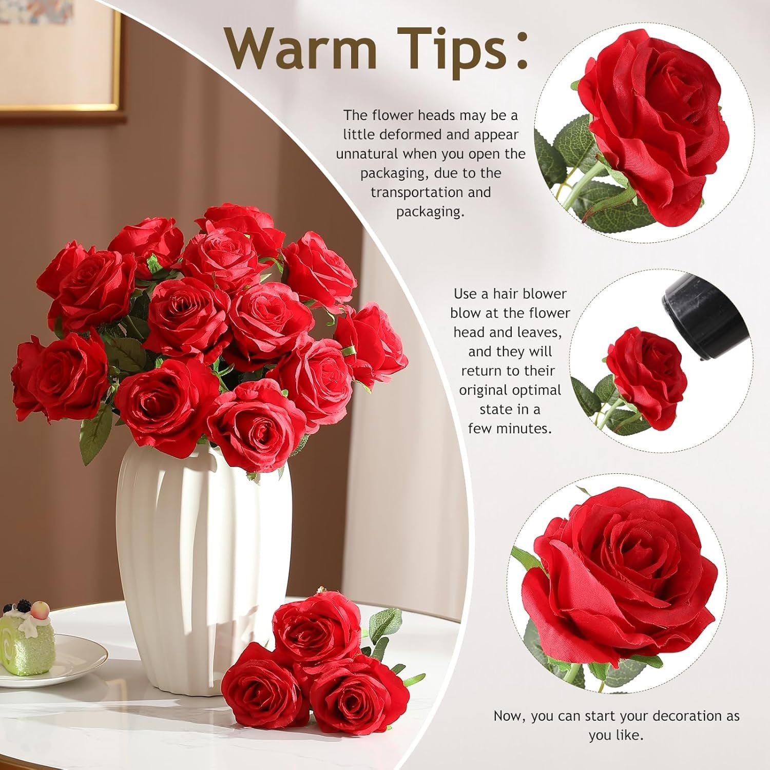 40PCS Red Roses Artificial Flowers - Long Stem Fake Roses Bouquet Silk Red Flowers Artificial Rose for Wedding Centerpiece Home Decor &amp; Valentines Floral Arrangement