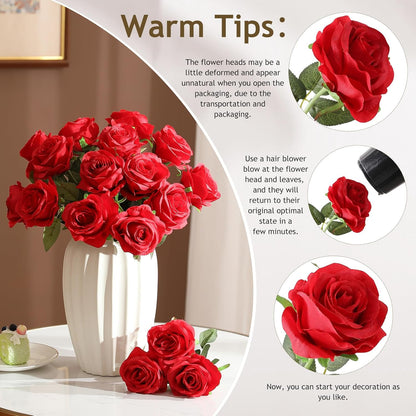 40PCS Red Roses Artificial Flowers - Long Stem Fake Roses Bouquet Silk Red Flowers Artificial Rose for Wedding Centerpiece Home Decor &amp; Valentines Floral Arrangement