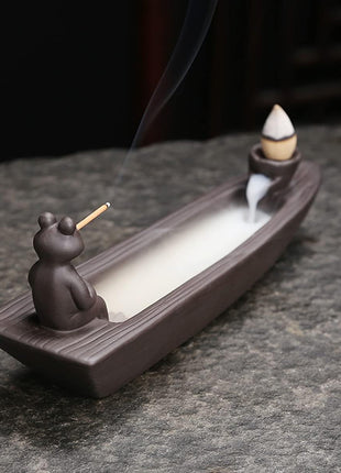Frog Incense Holder Waterfall - Ceramic Cone Backflow Incense Burner Smoke Fountain, Back Flowing Incense Diffuser with 45 Sticks & 12 Cones, Frog Ornament for Aromatherapy/Yoga/Home Decor