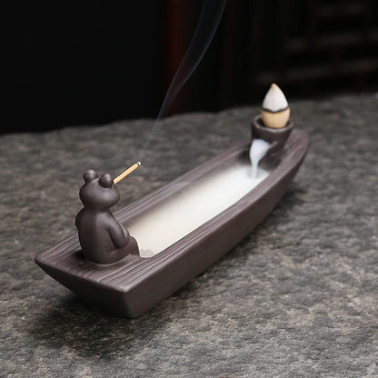Frog Incense Holder Waterfall - Ceramic Cone Backflow Incense Burner Smoke Fountain, Back Flowing Incense Diffuser with 45 Sticks &amp; 12 Cones, Frog Ornament for Aromatherapy/Yoga/Home Decor