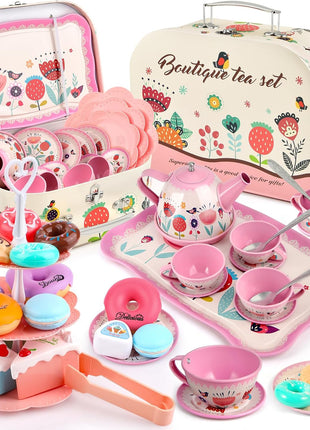 Tea Party Set for Little Girls, Flower Tea Sets Toys for Toddlers Girls Age 3 4 5 6 Year Old, Toddler Kids Kitchen Pretend Play Toys