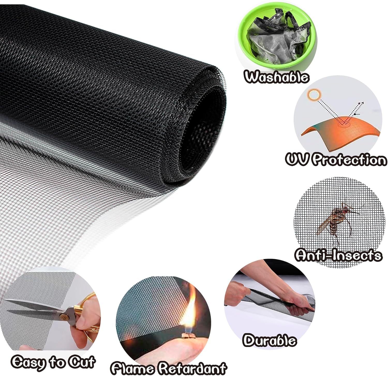 OVISEEN Insect Mesh, Fiberglass Window Screen Mesh 47 X 98 Inches Fly Screen Adjustable Mesh Replacement, Flies Mosquitoes Bugs Net for Windows Doors Patio (Black)