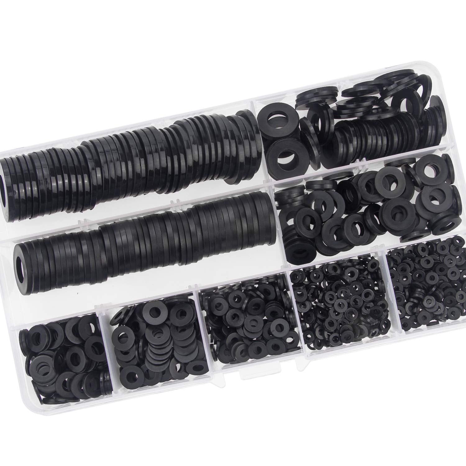 Nylon Flat Washer Assortment Set 600 Pieces, 9 Sizes - M2 M2.5 M3 M4 M5 M6 M8 M10 M12, Black
