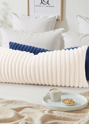 Summer Cozy Faux Fur Throw Pillow Covers 14X36 Pack of 1 Decorative Soft Plush Striped Lumbar Modern Farmhouse Boho Couch Pillow Cases with Velvet Back for Sofa Bed Living Room, Cream White