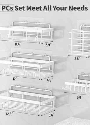 5 Pack Shower Caddy Organizer Rack Shelf for inside Shower, Self Adhesive Wall Storage Basket Rustproof Stainless Steel Shampoo Holder Bathroom Accessory Decor Set, White