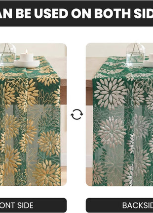 Green Gold Dahlia Flower Gauze Table Runner 120 Inch 10FT, Glitter Metallic Foil Seasonal Sheer Dining Holiday Table Decor for Home Party