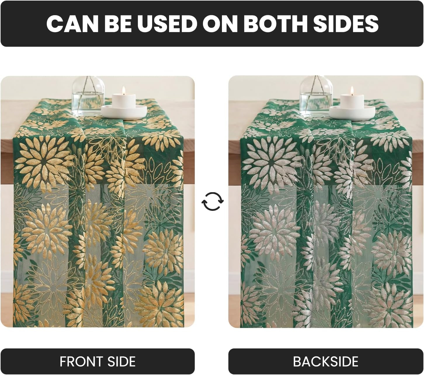 Green Gold Dahlia Flower Gauze Table Runner 120 Inch 10FT, Glitter Metallic Foil Seasonal Sheer Dining Holiday Table Decor for Home Party