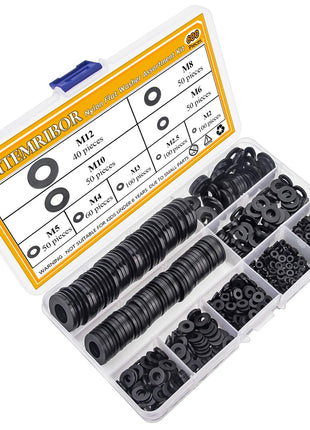 Nylon Flat Washer Assortment Set 600 Pieces, 9 Sizes - M2 M2.5 M3 M4 M5 M6 M8 M10 M12, Black