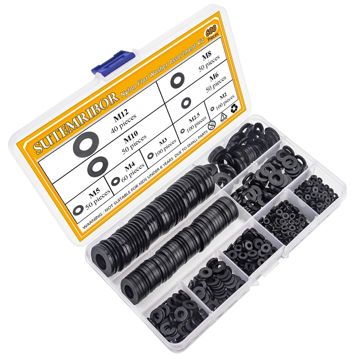 Nylon Flat Washer Assortment Set 600 Pieces, 9 Sizes - M2 M2.5 M3 M4 M5 M6 M8 M10 M12, Black