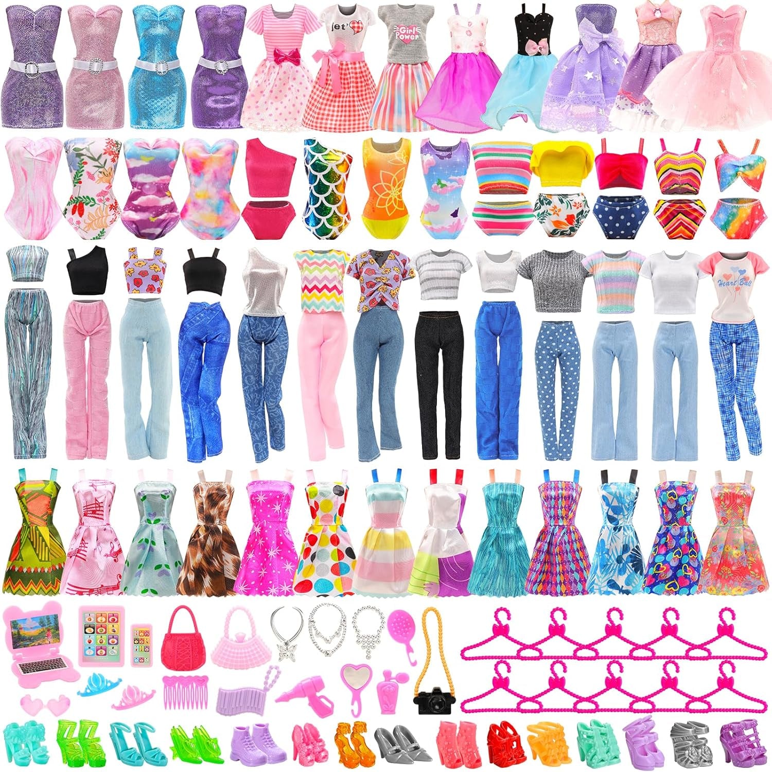 51 PCS Doll Clothes and Accessories Including Fashion Dresses, Tops and Pants Outfits, Party Dresses, Swimsuits Bikini 38 PCS Shoes Hangers and Other Accessories for 11.5 Inch Dolls