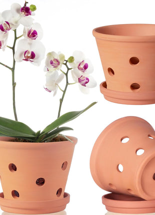 6 Inch Terracotta Orchid Pots with Holes, Saucers - 3 Pack Clay Orchid Planter Pots for Repotting, Small Terra Cotta Pot, Indoor & Outdoor, Promotes Air Circulation