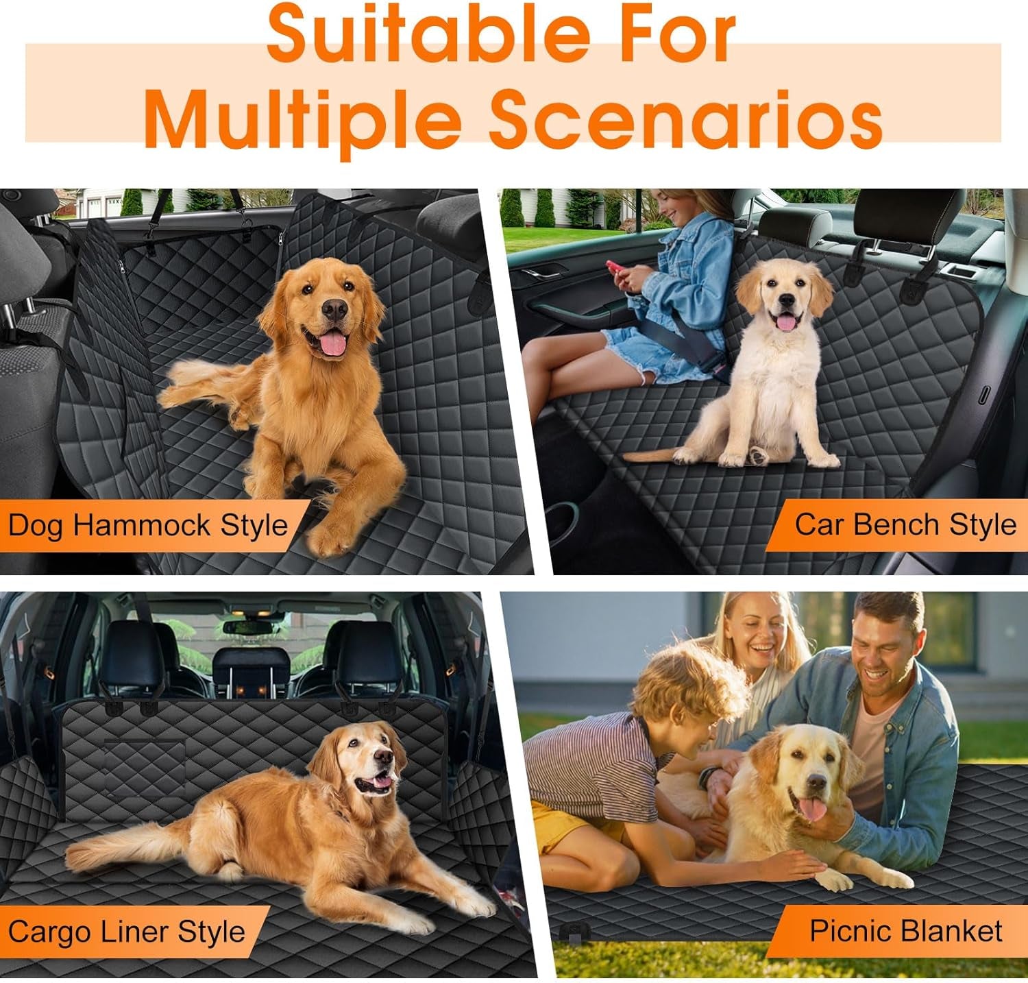 Waterproof Dog Car Seat Cover for Back Seat - Durable, Scratch Proof Pet Hammock with Nonslip Design &amp; Storage Pockets, Fits Cars, Suvs, Trucks- S, Black