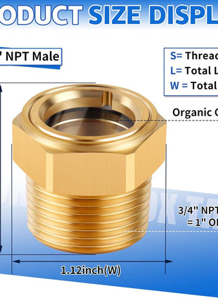 3/4 NPT Air Compressor Oil Sight Glass, Male Hex Head Compresssor Oil Sight Glass, Heavy Duty Solid Brass Oil Sight Glass Liquid Level Gauge Oil Indicator Window for Air Compressor Gearbox Tank
