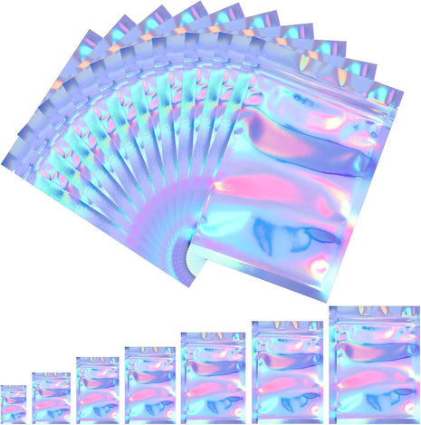 100 Pieces Resealable Foil Proof Bags Scent Proof Flat Pouch Clear Smell Sealable Packing Bags Iridescent for Food Storage Snack Jewelry(3 X 4 Inches,Holographic Color)
