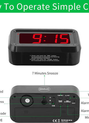 Alarm Clock, LED Digital Clock, Small Wall Clock, Battery Operated, Adjustable 3-Level Led Brightness, Dim Night Mode, 12/24Hr, Cordless, Constantly 1.2'' Digits Display for Bedroom/Travel,Easy to Set
