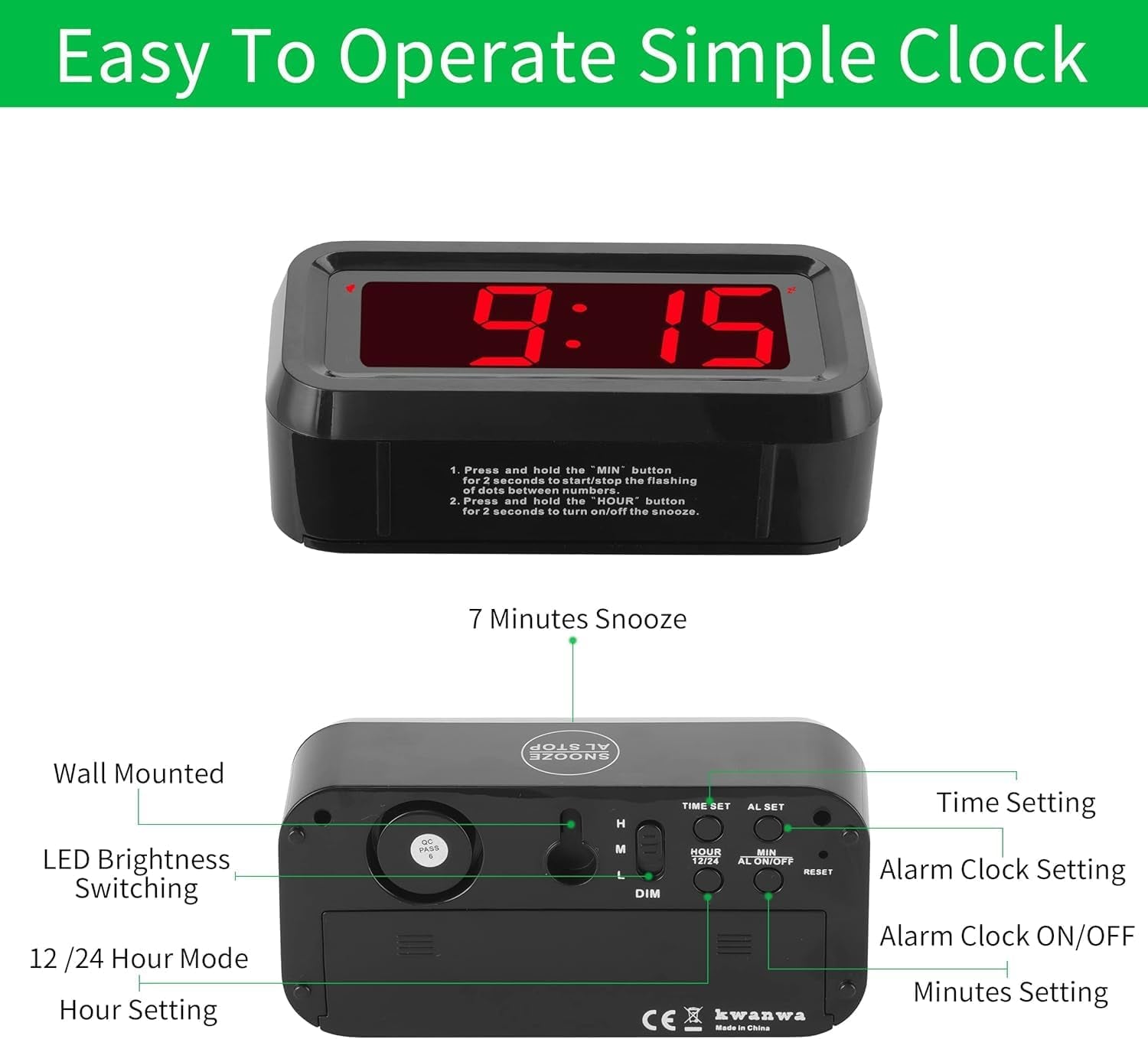 Alarm Clock, LED Digital Clock, Small Wall Clock, Battery Operated, Adjustable 3-Level Led Brightness, Dim Night Mode, 12/24Hr, Cordless, Constantly 1.2&