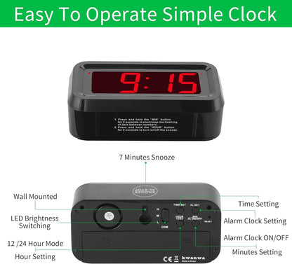 Alarm Clock, LED Digital Clock, Small Wall Clock, Battery Operated, Adjustable 3-Level Led Brightness, Dim Night Mode, 12/24Hr, Cordless, Constantly 1.2&