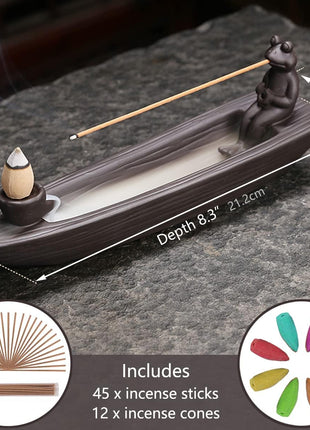 Frog Incense Holder Waterfall - Ceramic Cone Backflow Incense Burner Smoke Fountain, Back Flowing Incense Diffuser with 45 Sticks & 12 Cones, Frog Ornament for Aromatherapy/Yoga/Home Decor