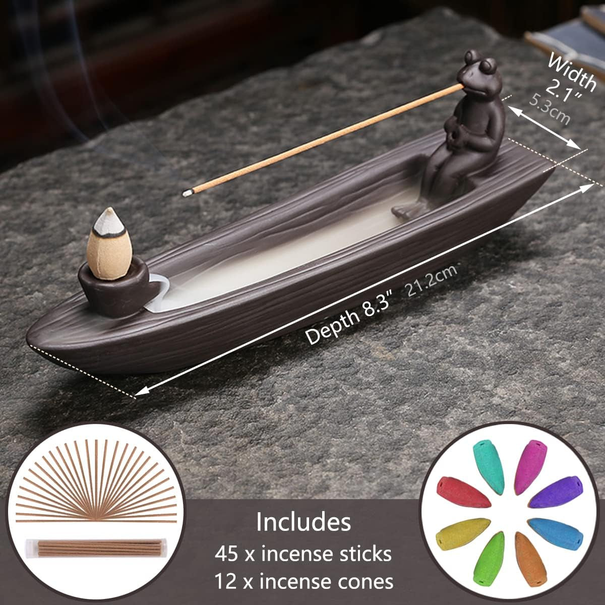 Frog Incense Holder Waterfall - Ceramic Cone Backflow Incense Burner Smoke Fountain, Back Flowing Incense Diffuser with 45 Sticks &amp; 12 Cones, Frog Ornament for Aromatherapy/Yoga/Home Decor