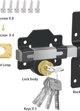 Barn Door Lock, Fence Gate Lock, Double Sided Gate Latch, Gate Lock for Wodden Garage Door, Supplied with 5 Keys, Work with 2.75" Wooden Vinyl Metal Gate, for Right & Left Door
