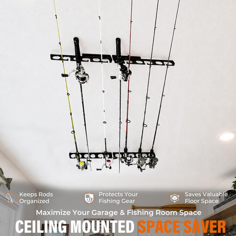 Fishing Rod Racks Wall or Ceiling Fishing Rod/Pole Rack Holder Storage Hook Holds Fishing Rods Wall Mounted for Garage Cabin and Basement