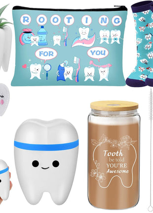 6 Pcs Nurse Week Appreciation Gifts Dentist Hygienist Gifts 16 Oz Glass Cups with Lid Makeup Bag Socks Badge Holder Tooth Brush Pot for Women Doctor Nurse Appreciation Accessories(Blue)