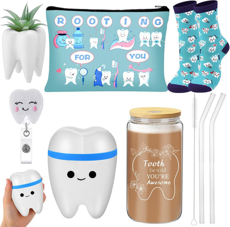 6 Pcs Nurse Week Appreciation Gifts Dentist Hygienist Gifts 16 Oz Glass Cups with Lid Makeup Bag Socks Badge Holder Tooth Brush Pot for Women Doctor Nurse Appreciation Accessories(Blue)