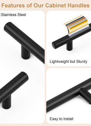 30 Pack Hole Centers 3-3/4Inch Matte Black Kitchen Cabinet Handles, Stainless Steel Dresser Drawer Pulls, Modern T Bar 6Inch Length Pull Handle for Closet