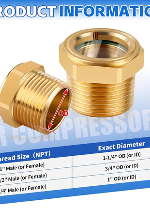 3/4 NPT Air Compressor Oil Sight Glass, Male Hex Head Compresssor Oil Sight Glass, Heavy Duty Solid Brass Oil Sight Glass Liquid Level Gauge Oil Indicator Window for Air Compressor Gearbox Tank