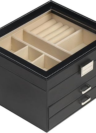3-Layer Jewelry Organizer Box with Clear Lid and Drawers