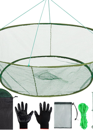 Fishing net set with gloves, bag, and additional nets on a white background