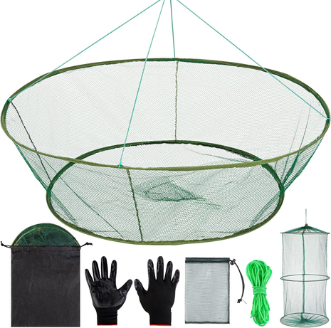 Fishing net set with gloves, bag, and additional nets on a white background