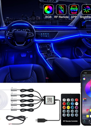 Interior Car LED Strip Lights with Wireless APP and Remote Control, RGB 5 in 1 Ambient Lighting Kits with 236 Inches Fiber Optic, 16 Million Colors Car Neon Lights, Sync to Music