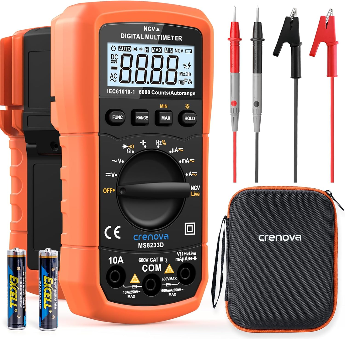 MS8233D Multimeter 6000 Counts Digital Multimeter DC AC Volt Meter Ohm Volt Amp Tester Measures Voltage Current Resistance Capacitance Continuity Diode Duty-Cycle Frequency NCV Live Wire Test