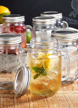 Mason Jar 16 Oz. Glass Mugs with Handle and Lid Set of 6 Old Fashioned Drinking Glass Bottles Original Mason Jar Pint Sized Cup Set.