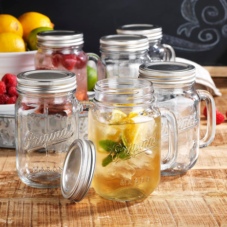 Mason Jar 16 Oz. Glass Mugs with Handle and Lid Set of 6 Old Fashioned Drinking Glass Bottles Original Mason Jar Pint Sized Cup Set.