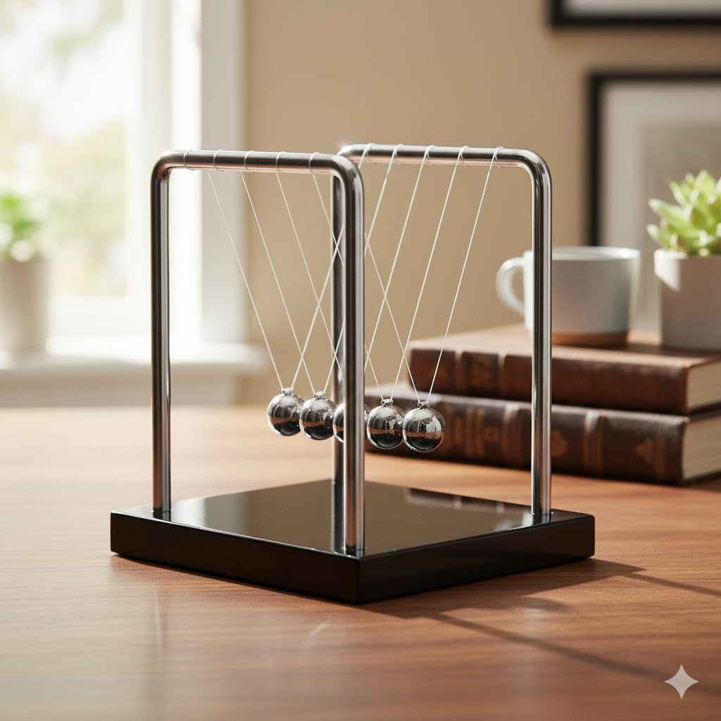 Newtons Cradle Balance Pendulum 5 Balls, Wooden Base Newton&