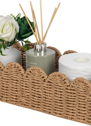 Paper Rope Scalloped Edge Toilet Paper Storage Basket, Small Living Room, Bedroom Decor Baskets for over Toilet Storage Shelf, End Table, Shelves and More, with 2 Wooden Handle, Neutral