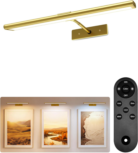 Picture Light for Wall, 4800Mah Rechargeable Wireless Remote, 16In Dimmable Magnetic LED Art Display Light with 3 Color Temperatures, for Gallery, Living Room, Bedroom, Hallway (Gold)