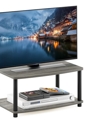 Turn-N-Tube TV Riser Stand, 2-Tier Small Elevated No Tools TV Stand, TV Console for TV up to 32 Inch, 15.8 X 23.8 X 11, for Living Room, Bedroom, French Oak Grey