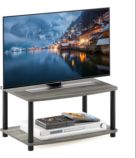Turn-N-Tube TV Riser Stand, 2-Tier Small Elevated No Tools TV Stand, TV Console for TV up to 32 Inch, 15.8 X 23.8 X 11, for Living Room, Bedroom, French Oak Grey