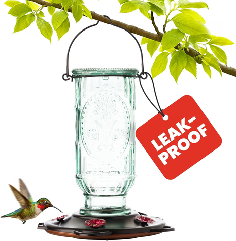 Vintage Hummingbird Feeder, Antique Glass Bottle, 5 Feeding Ports, 20-Ounce Nectar Capacity