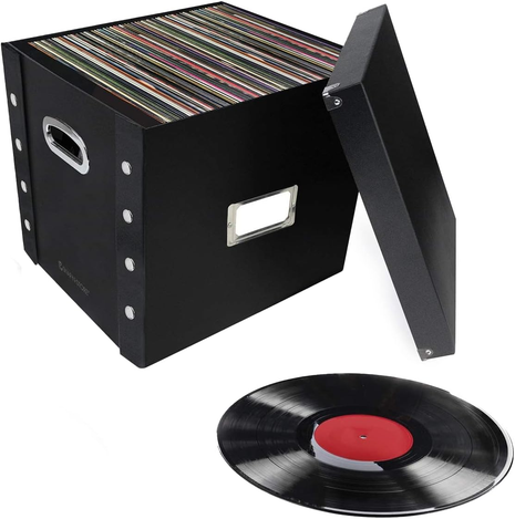 Vinyl Record Storage Box - 12" - 1 Pack- Crate Holds up to 75 Vinyl Albums - Black