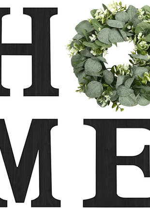 Wood Home Sign with Artificial Eucalyptus Wreath for O, Hanging Farmhouse Wall House Decor Wood Letters for Wall Art Rustic Home Decor, Wall Decor for Living Room Kitchen Entryway (Black)