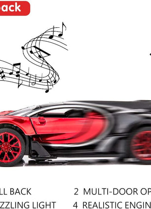 Bugatti Vision GT Supercar 1/32 Zinc Alloy Die Casting Pull Back Car Model Toy Sound and Light for Boy Girl Gift （Red）