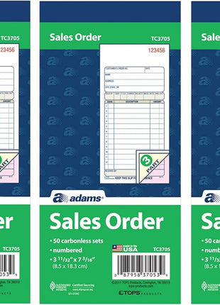 Sales Order Book, 3-Part, Carbonless, White/Canary/Pink, 3-11/32 X 7-3/16 Inches, 50 Sets per Book (TC3705), 3 Pack